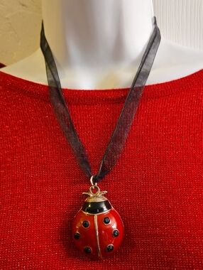 Red Ladybug Pendant Necklace with Black Ribbon